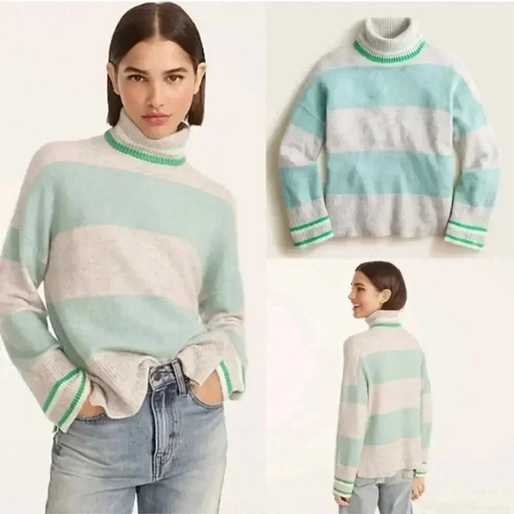 J.Crew Striped turtleneck sweater in Supersoft yarn Heather Grey Mint Size Large - Picture 1 of 12